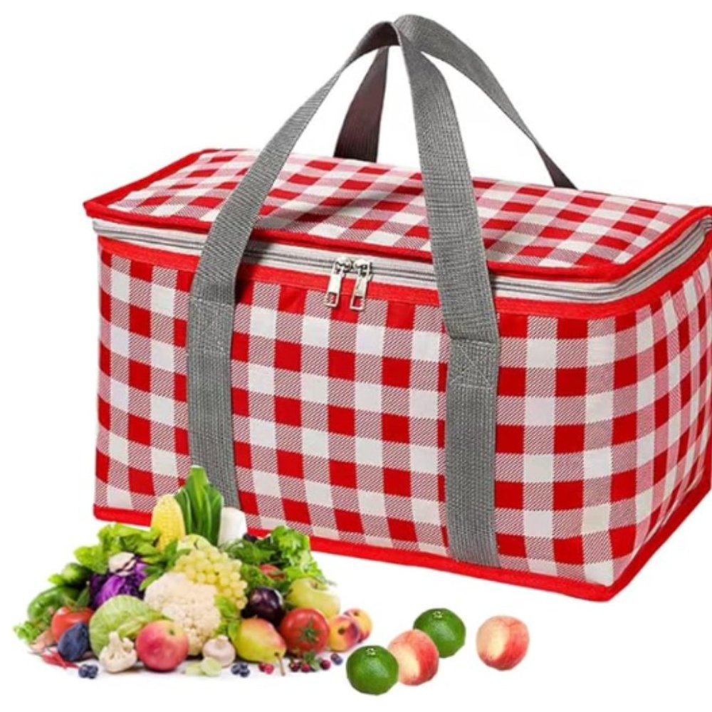 New: Small Portable Insulated Picnic/Cooler Bag Red/White Check, Blanket Set - Picture 6 of 8
